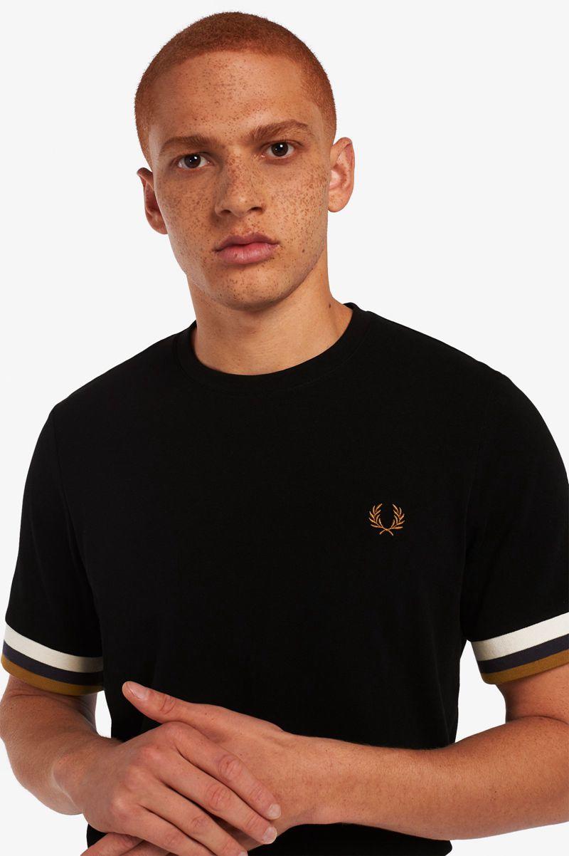 Black Fred Perry Striped Cuff Piqué Men's T Shirts | PH 1772SGLO